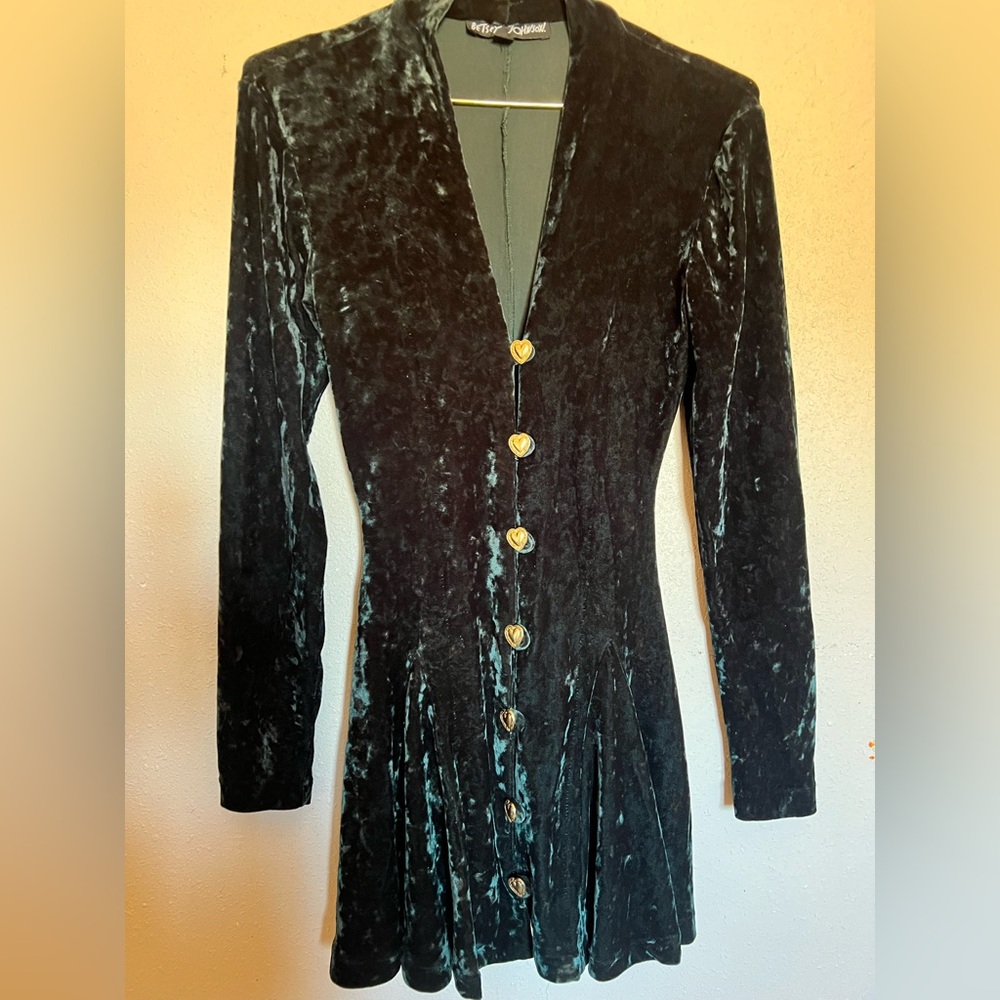 Betsey Johnson Black Velvet Dress with Gold Heart Buttons